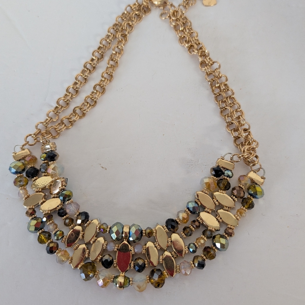 Necklace Statement Bib StatemeStyle Rhinestone Green, Gold And Bronze Gold Chain - Picture 3 of 4